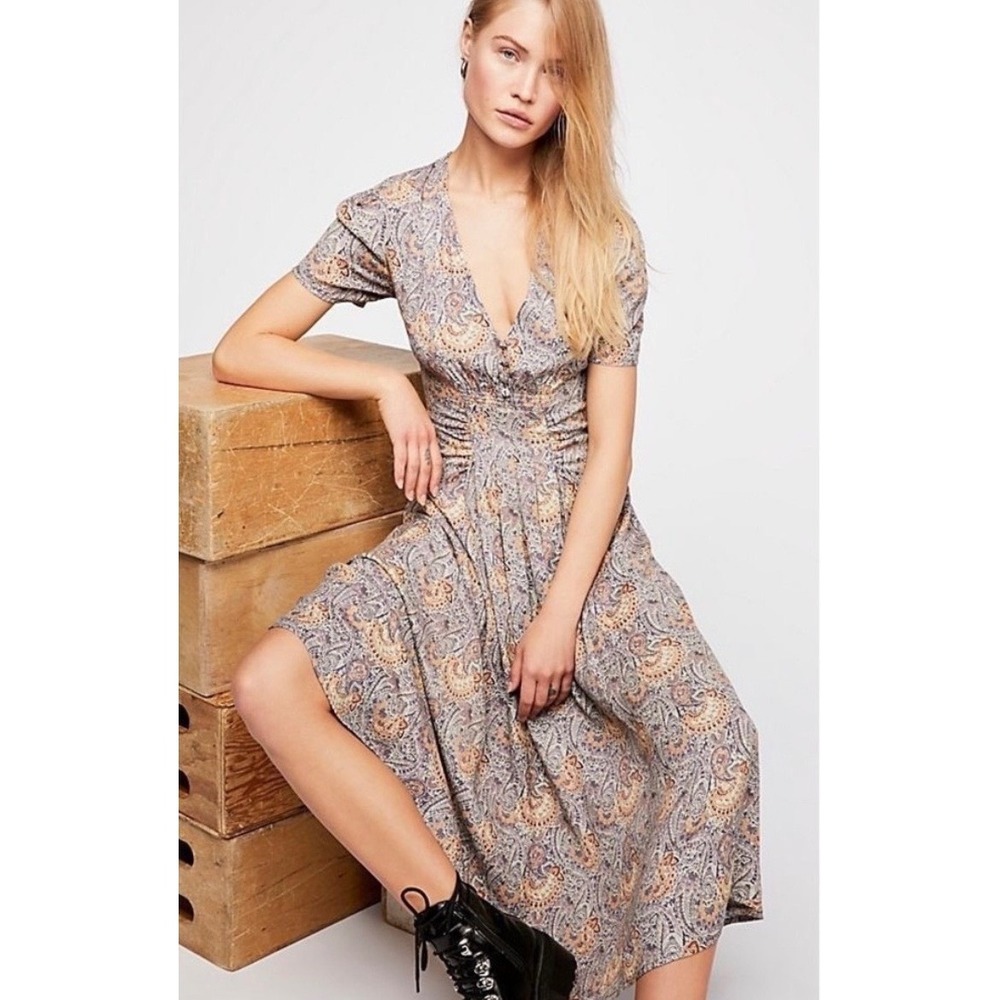 Free People Olivia Paisley Midi Dress Purple Tan 8 Small
